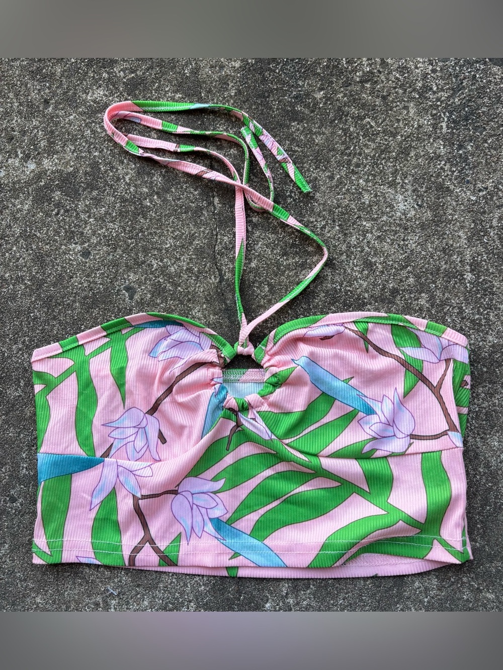 SHEIN Pink Floral Bandeau Top with Green Leaf Print and Blue Accents